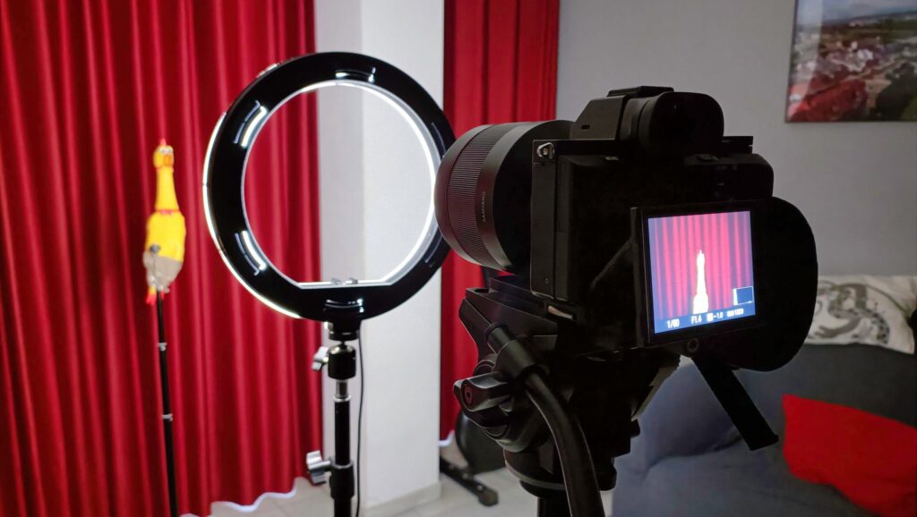 Rubber chicken on a stand with its back to a curtain, looking at a fancy camera system.