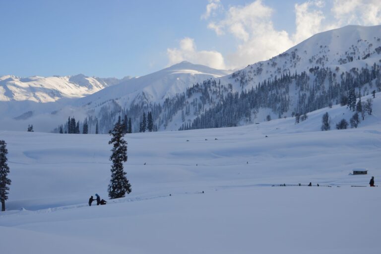 Clear skies with a few puffy clouds over snow covered mountains and open spaces in the foreground.